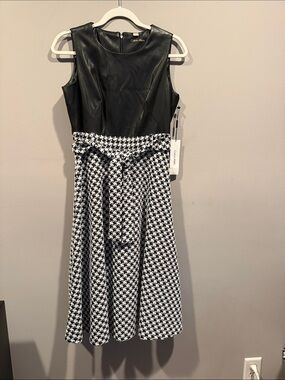 Calvin Klein Black Faux-Leather & White Houndstooth Womens Dress